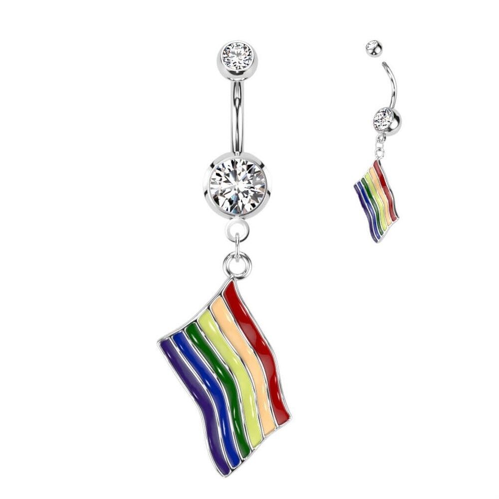 Rainbow Pride Flag Dangle Belly Ring – 14G 316L Surgical Steel | CZ Gem